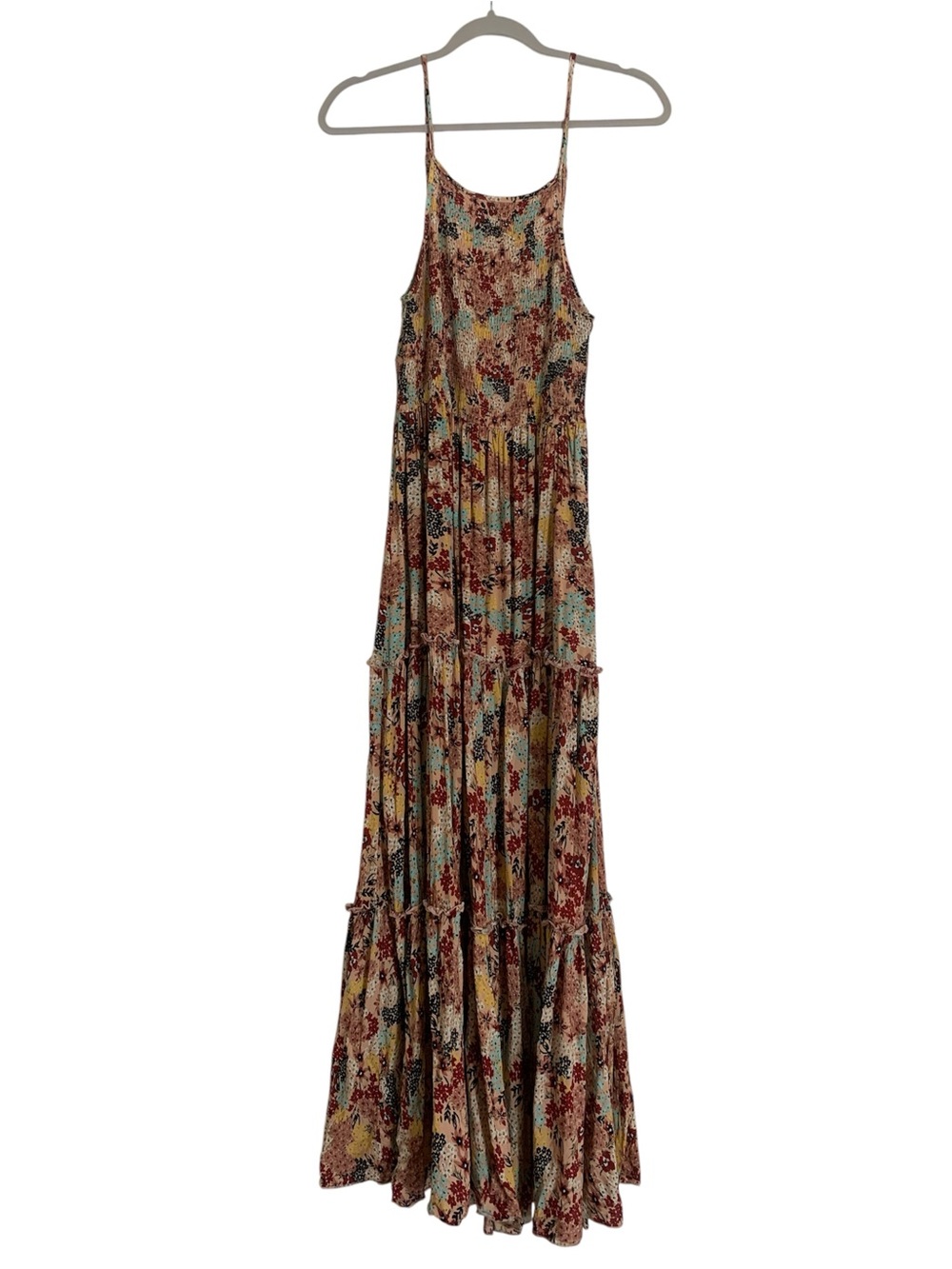 Abel The Label Floral Smocked Tiered Maxi Dress Medium Boho Rayon Sun Dress M